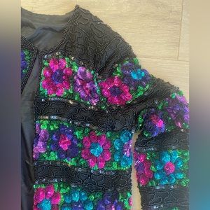 Vintage Black Sequin Top Jacket Floral Flower Square Great for Holiday! Medium
